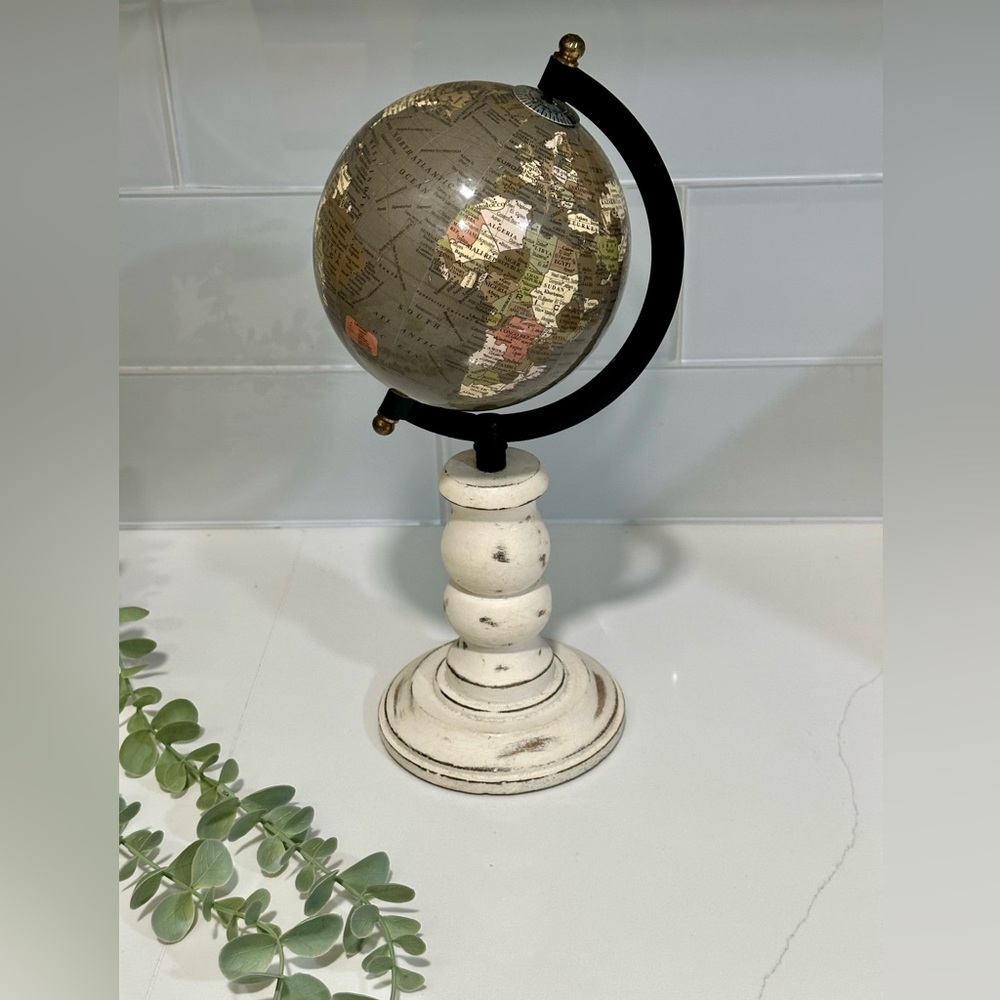 Vintage Tabletop Decorative Globe on White Wood Base Boho Sleek Bookshelf Decor